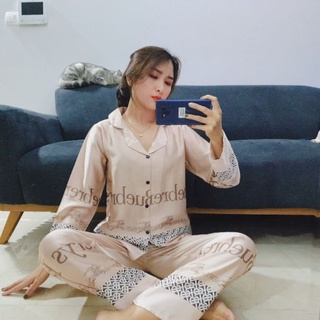 Bộ pijama dài tay, đồ bộ ngủ mặc nhà lụa satin mềm mịn mát mẻ in hình gấu BRR siêu xinh