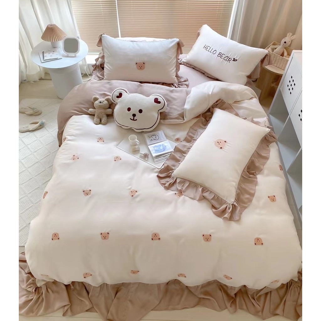 Bộ CHĂN GA GỐI LỤA TENCEL THÊU GẤU TEDDY 100s /BST HÀNG Cao Cấp MẪU MỚI NHẤT