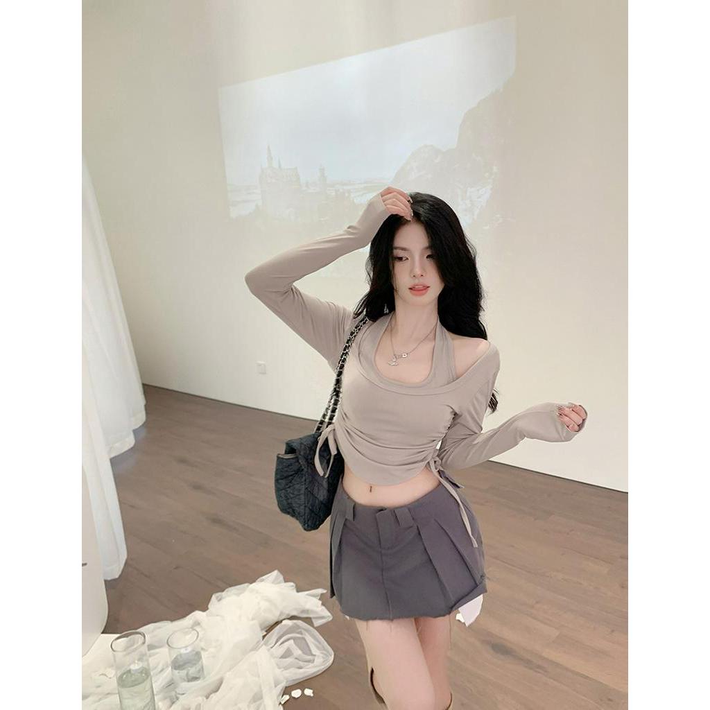 Set Áo Thun Tay Dài Phối Dây Rút + Quần Legging Thời Trang Cho Nữ