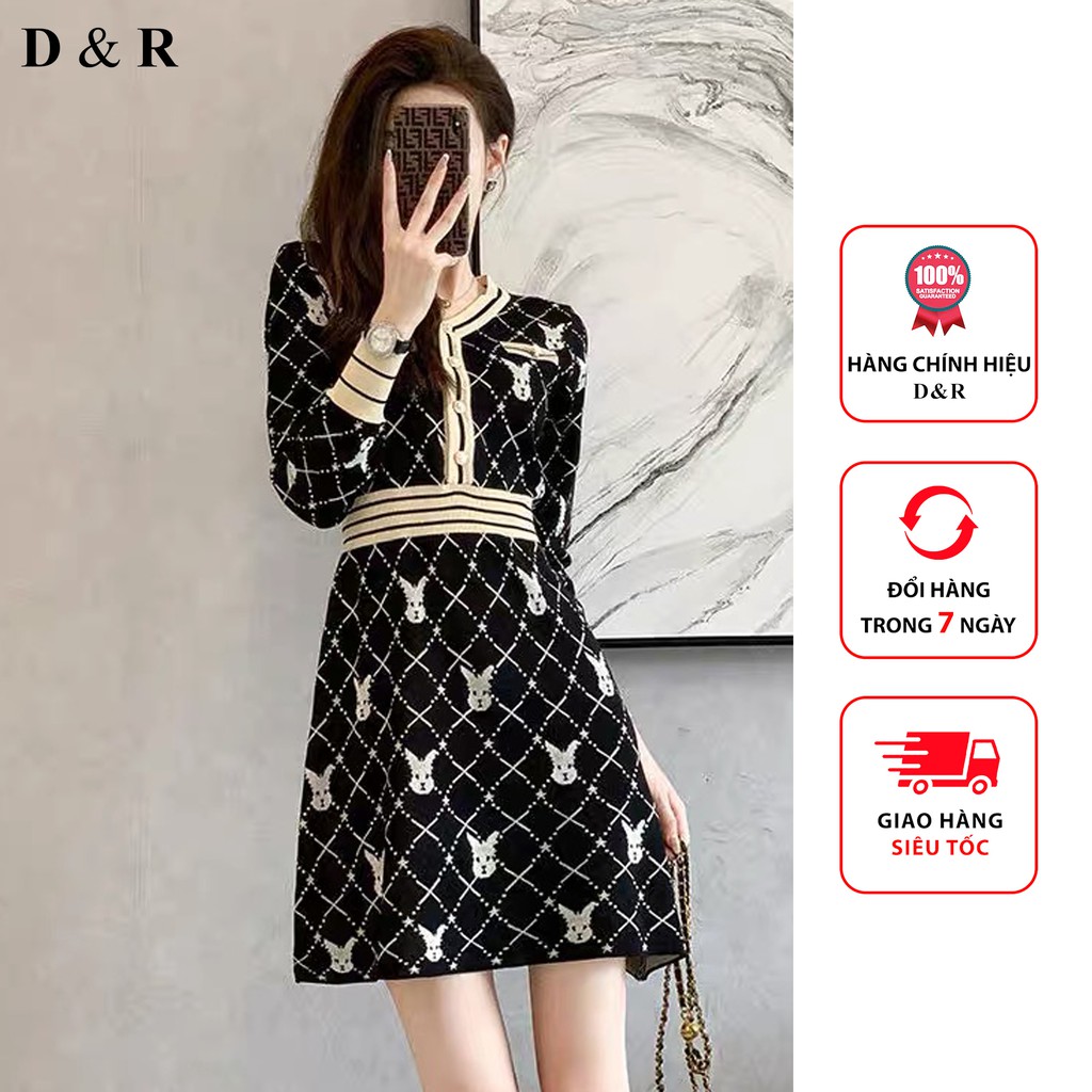 Đầm len nữ dệt kim hoạ tiết phối viền Quảng Châu cao cấp thương hiệu thời trang D&R L014