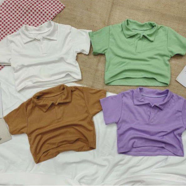 Áo thun croptop cổ bẻ cao cấp tay ngắn