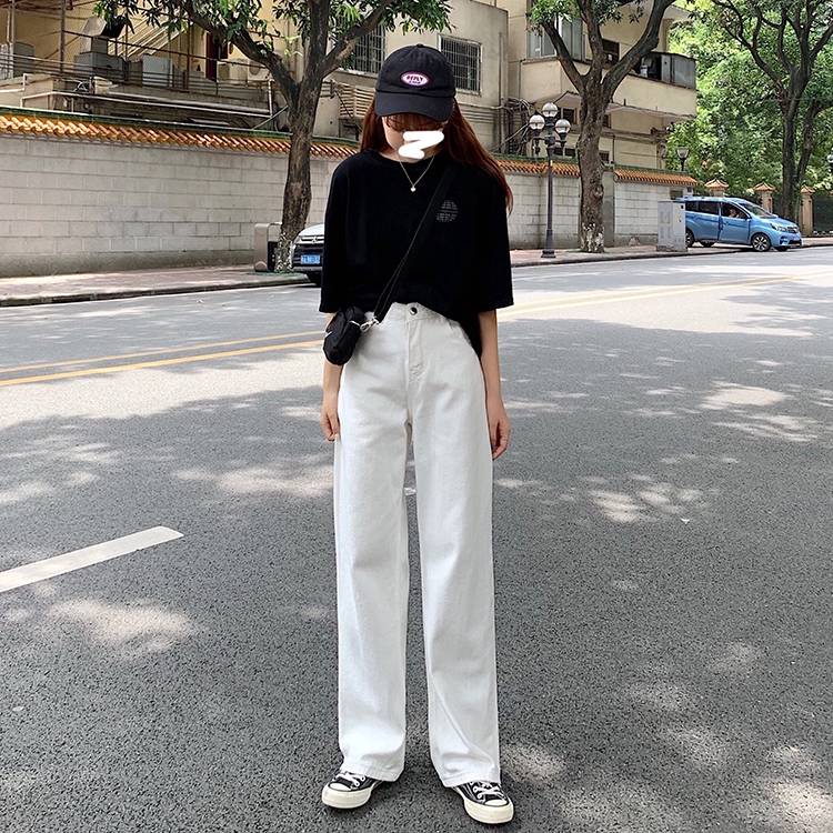 Quần denim SUXI dài ống rộng màu trơn phong cách Hàn Quốc thời trang dành cho nữ