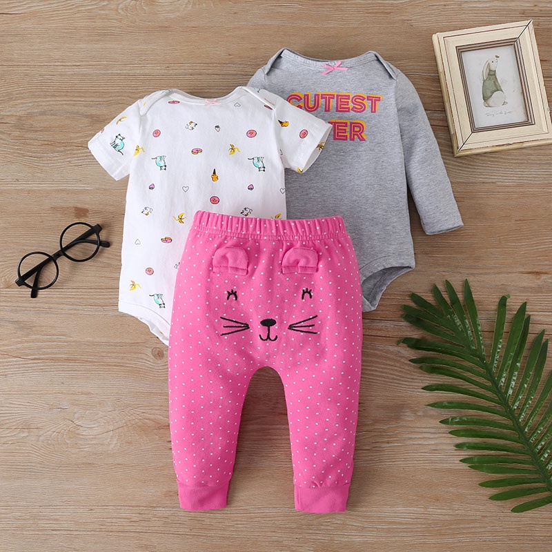 Combo bộ đồ bé gái 3-24 tháng tay ngắn Cotton hoạt hình dài tay bodysuit liền thân quần dài set mùa hè thời trang cho bé trẻ em sơ sinh