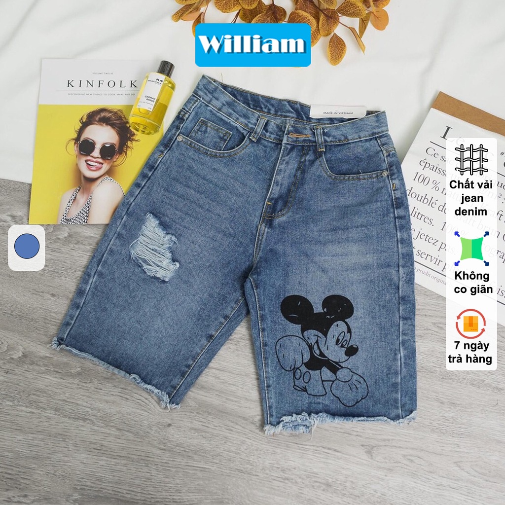 Quần jean ngố nữ, quần lửng hình chuột Mickey cá tính William - AT25