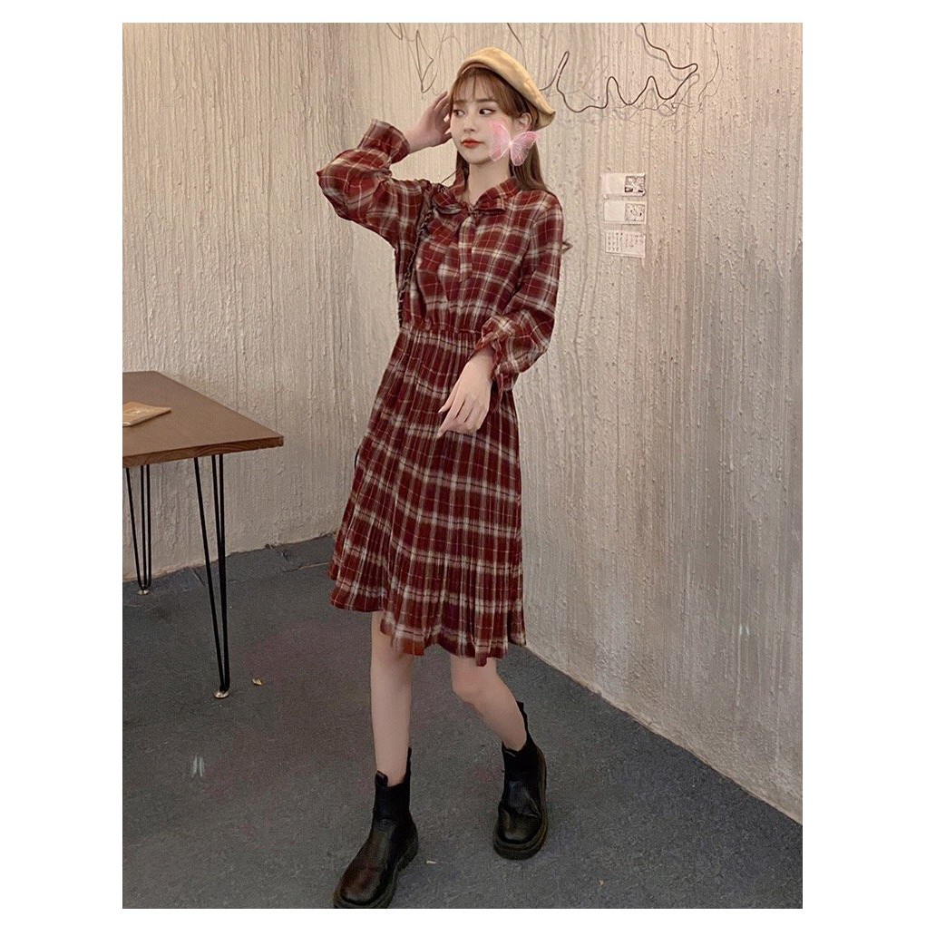 Váy kẻ babydoll cổ nơ dài tay dáng suông thời trang nữ phong cách dịu dàng/ Váy thu đông nữ kiểu dáng vintage hàn quốc