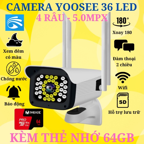 Camera Yoosee thân xoay ngoài trời 4 râu 36 led 5.0Mpx siêu nét,chống nuớc, xoay 360 độ,xem đêm có màu,bảo hành 12 tháng