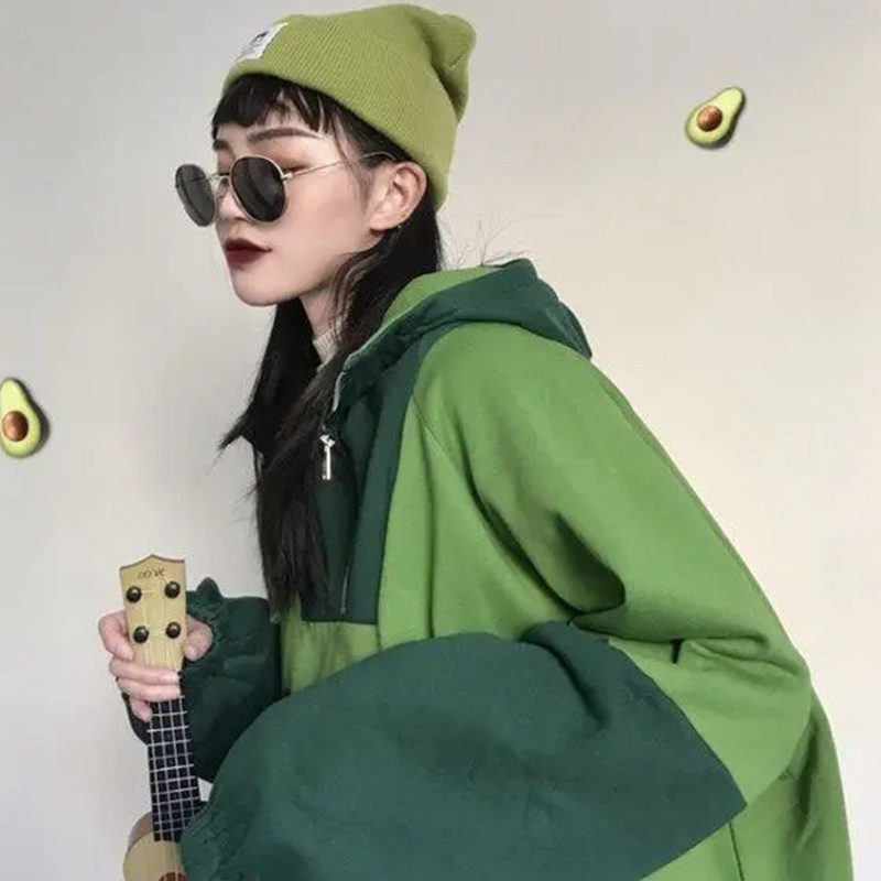 Áo Hoodie Mùa Đông Dáng Rộng Có Khóa Kéo 1 / 4 &quot;In Họa Tiết Hoạt Hình Phong Cách Harajuku Cho Nữ