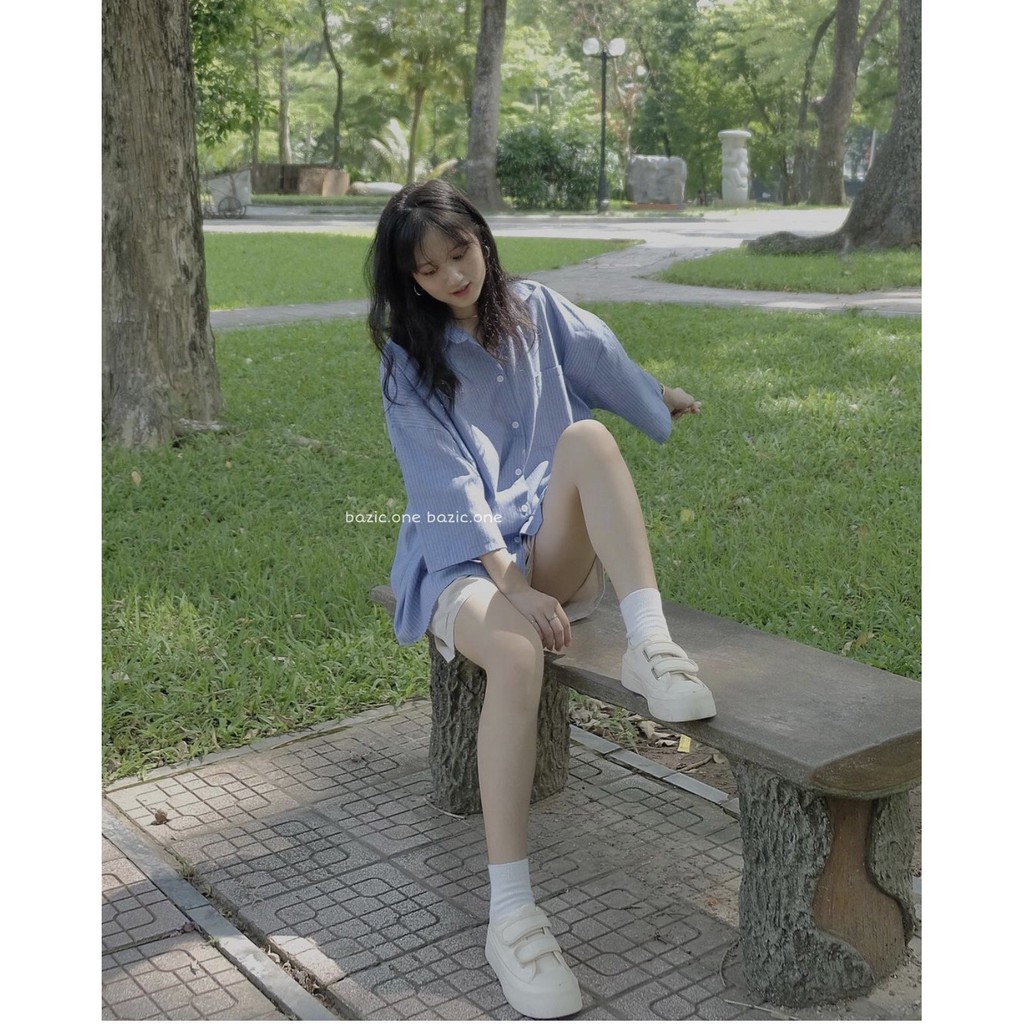 Áo sơ mi kẻ sọc form rộng tay lỡ túi ngực - Áo sơ mi kẻ sọc tay lỡ oversize ulzzang
