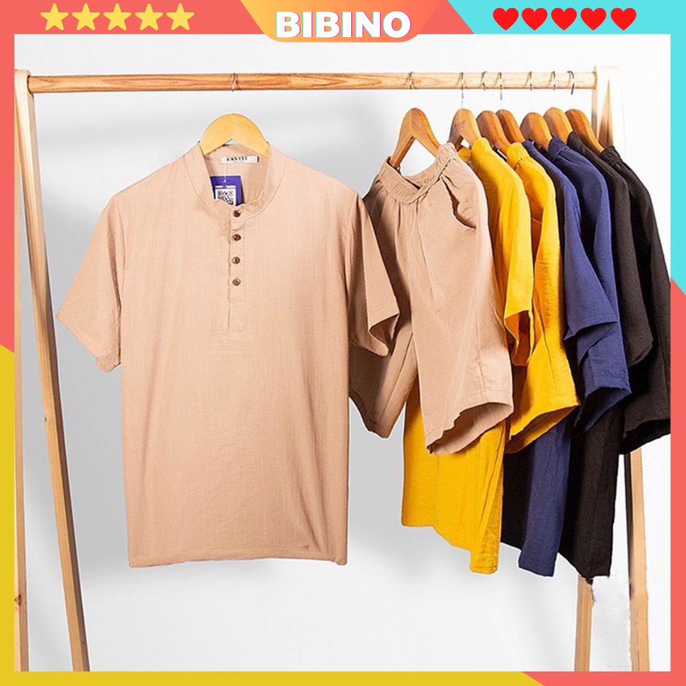 Bộ quần áo nam cổ tàu tay ngắn vải đũi thái mềm mịn cao cấp thoáng mát form rộng mặc nhà đi chơi dạo phố hàn quốc BIBINO
