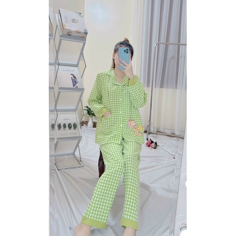 Bộ pijama mặc bầu và sau sinh có khoá ti ngực áo dài quần dài hoạ tiết kẻ ô xinh