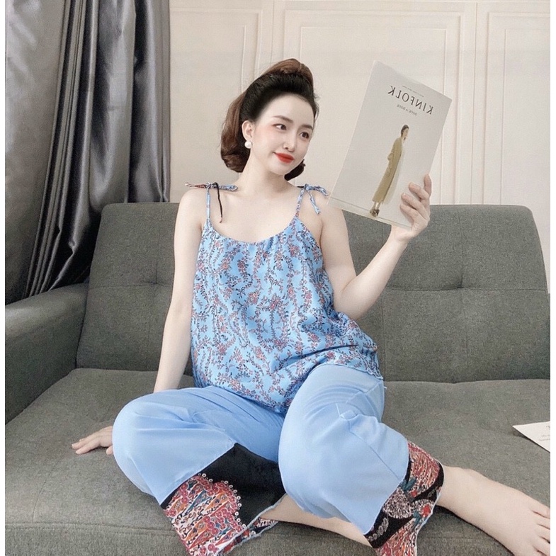 Bộ ngủ dây mặc ngủ mặc nhà quần dài có túi họa tiết xinh xắn