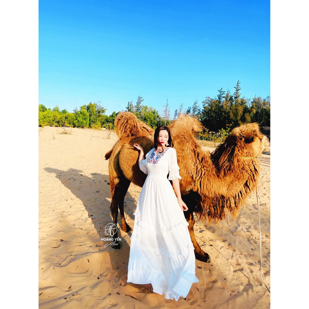 Đầm maxi đũi trắng thổ cẩm phối bèo 3 tầng tay lỡ boho du lịch, sống ảo siêu xinh | BigBuy360 - bigbuy360.vn