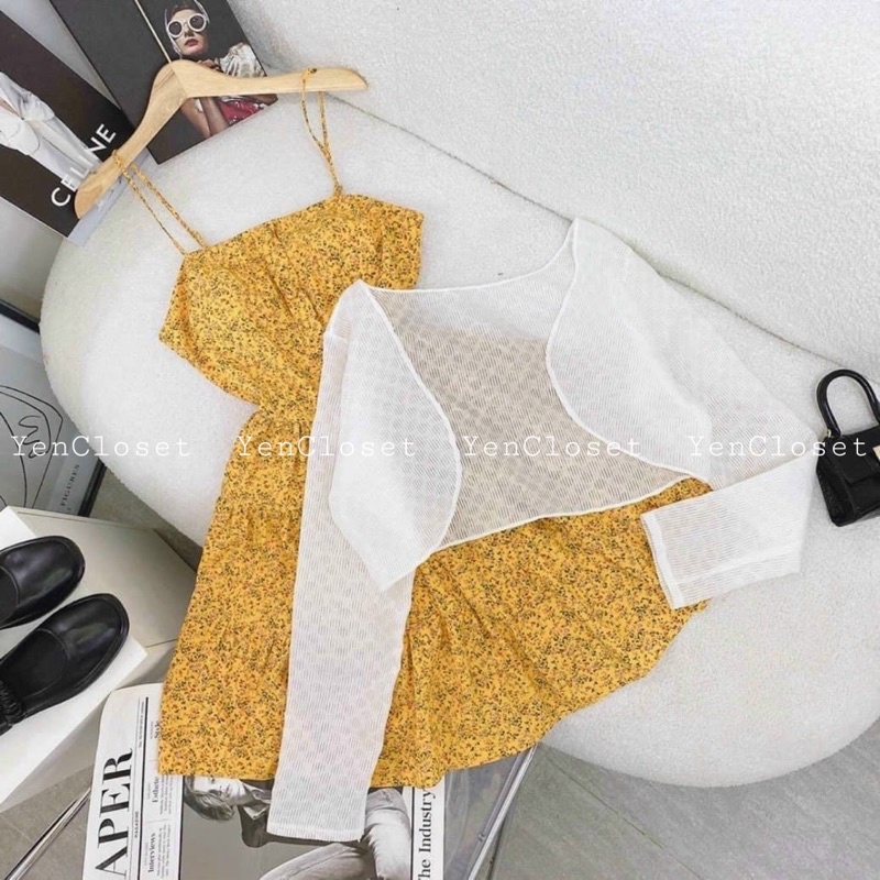 hình chính chủ YenCloset - đầm dây hoa vàng kèm áo khoác tươi tắn , xinh xắn