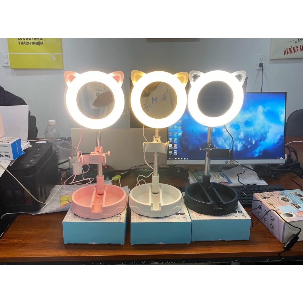 Đèn Livestream để bàn tai mèo, có gương makeup, kẹp đt, hàng cao cấp, bảo hành 1 năm.