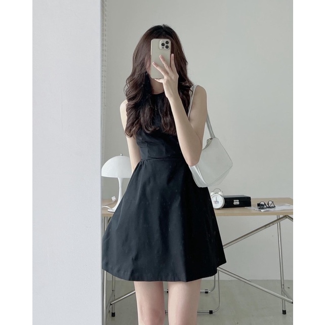 Váy ngắn chữ a khoét lưng trơn dễ thương chất thô đứng form vintage mùa hè thời trang nữ tính điệu đà hàn quốc