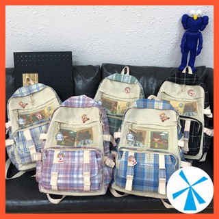 Balo cặp sách nữ học sinh sinh viên ulzzang nhiều ngăn cute đi chơi, đi học kẻ caro