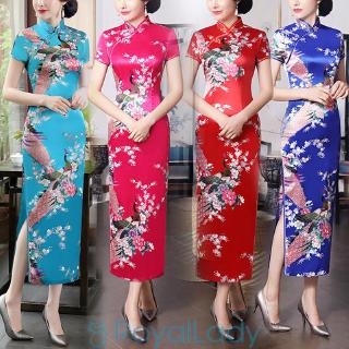 Sườn xám tay ngắn thêu hình chim công và bông hoa dáng dài cổ điển cho nữ