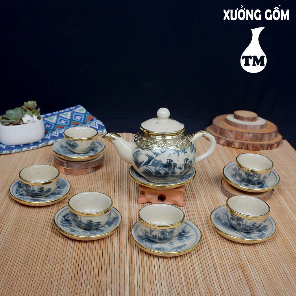 Bộ Ấm Chén Men Rạn Dáng Quả Hồng Bọc Đồng 550ml Xưởng Gốm TM Bát Tràng