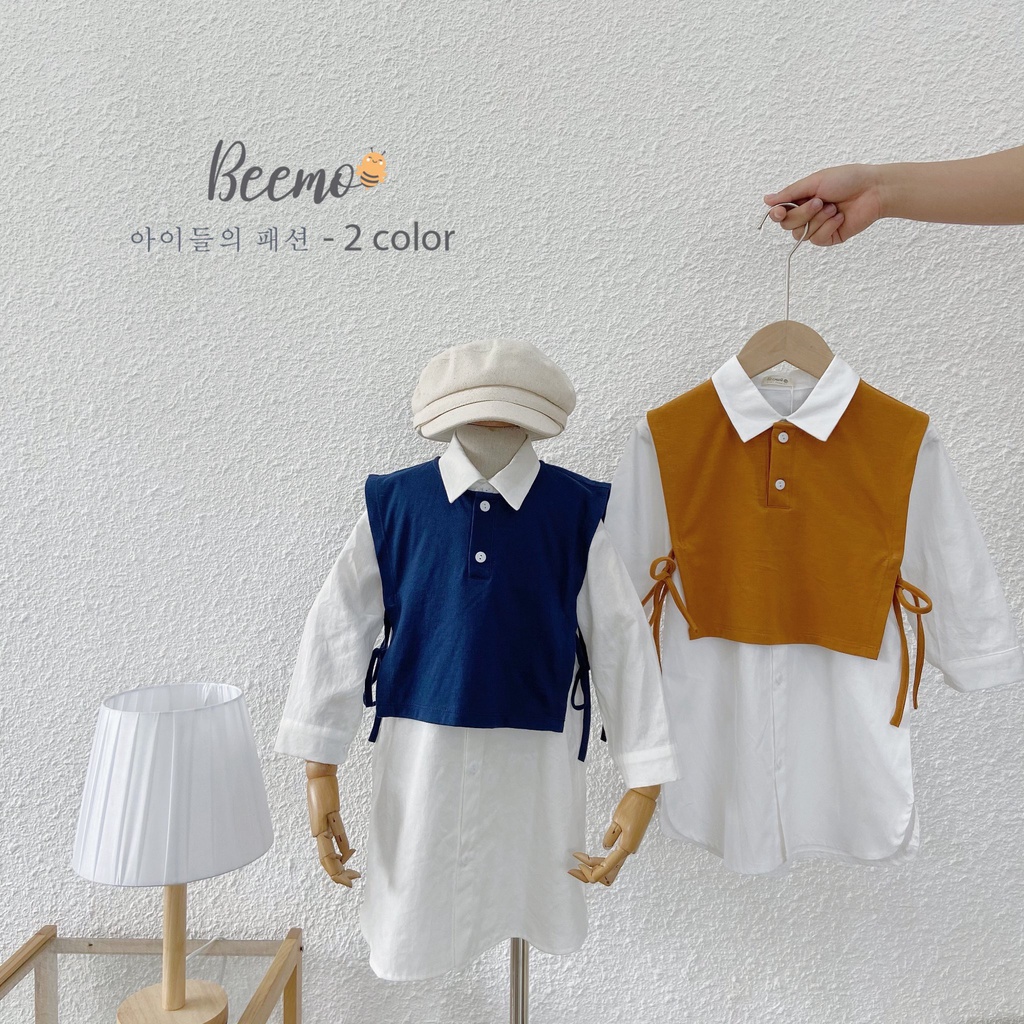 Set bộ trang phục váy Beemo cotton gile buộc dây mix áo sơ mi dài cho bé gái Beemo - 21B083