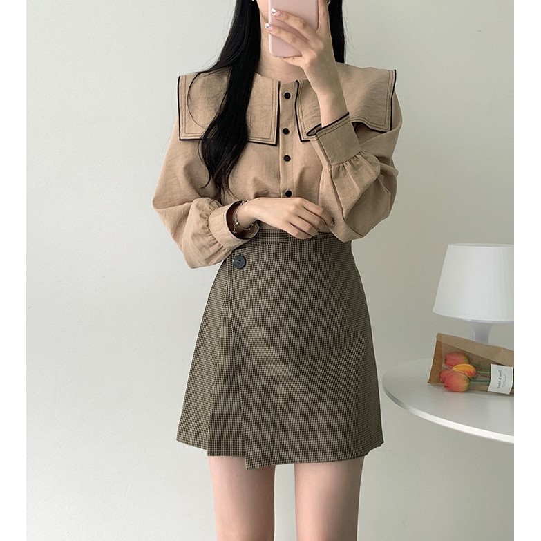 Áo Sơ Mi Nữ Tay Dài / Chân Váy Chữ A Lưng Cao Họa Tiết Chặn Màu Retro 30872