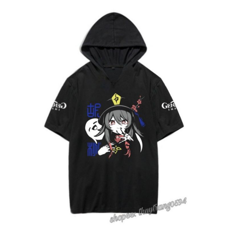Áo hoodie tay lửng đen in hình GENSHIN IMPACT áo phông nam nữ xinh xắn anime chibi