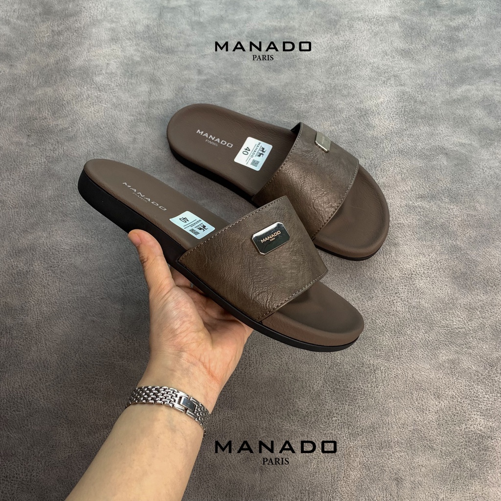 Dép da nam quai ngang cao cấp Manado Mã MND02 fullbox, quai da mềm mại, đế cao su thiết kế chắc chắn