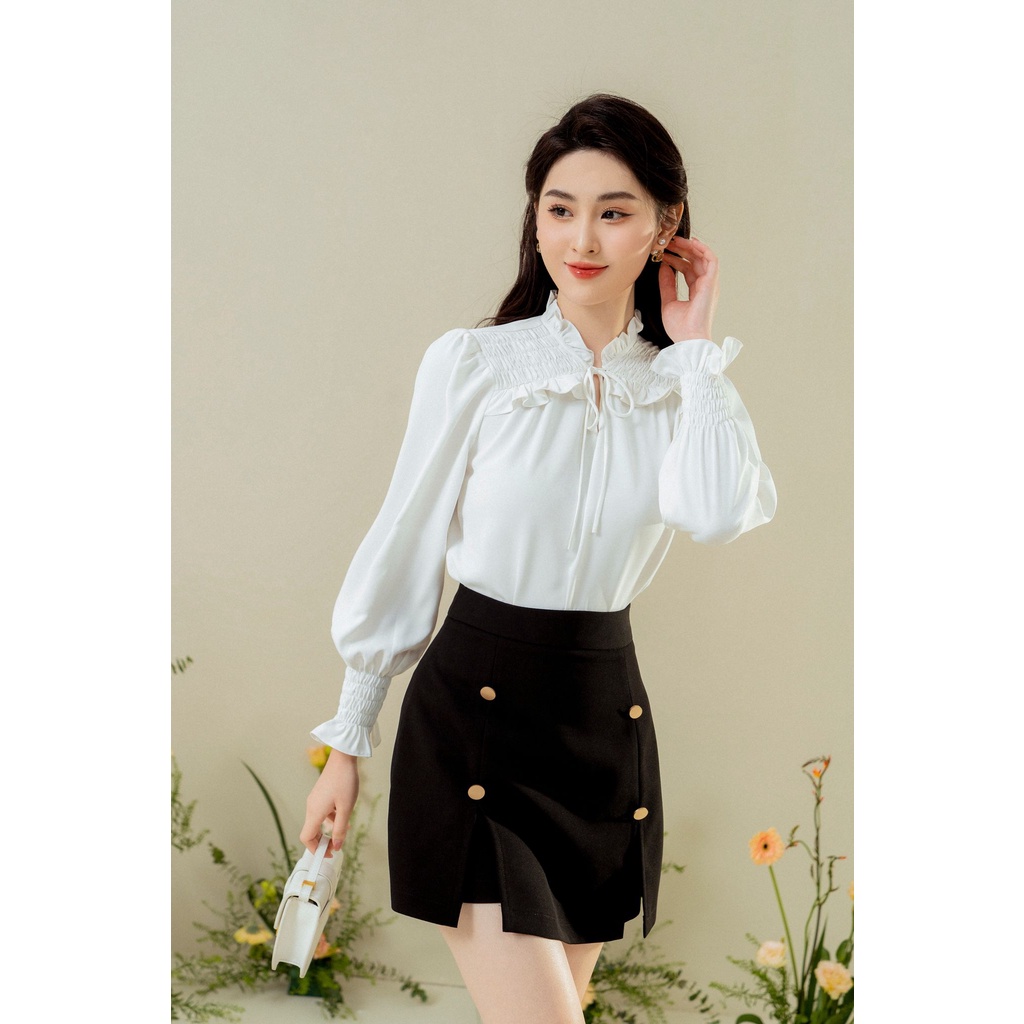 Áo sơ mi chun vai bèo cổ nơ TIINSTORE AHD486