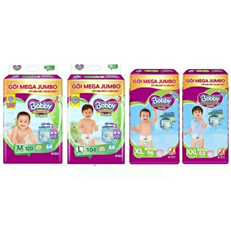 Tã quần Bobby Mega Jumbo M120 / L104 / XL92 / XXL84  / M124 / L108 / XL96 / XXL88