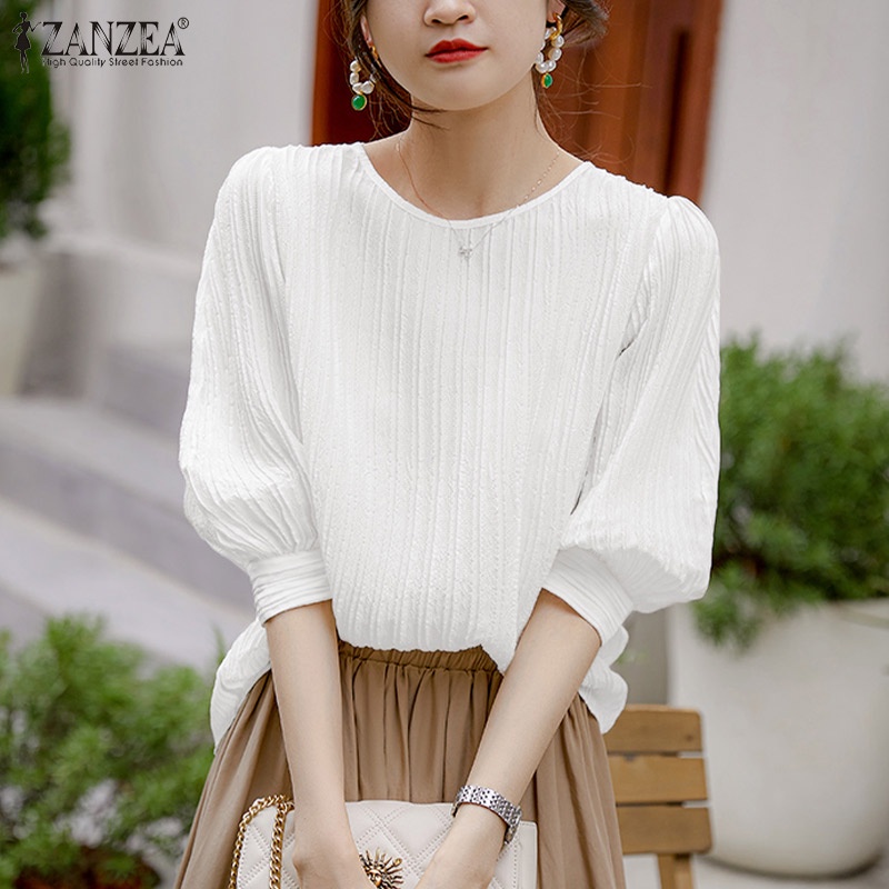 Zanzea Áo Kiểu Tay Lỡ Cổ Tròn Màu Trơn Thời Trang Dành Cho Nữ