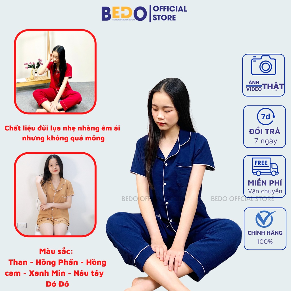 Đồ ngủ pijama nữ chất đũi lụa mặc thu đông, đồ ngủ cộc tay chất liệu siêu mát thoáng khí