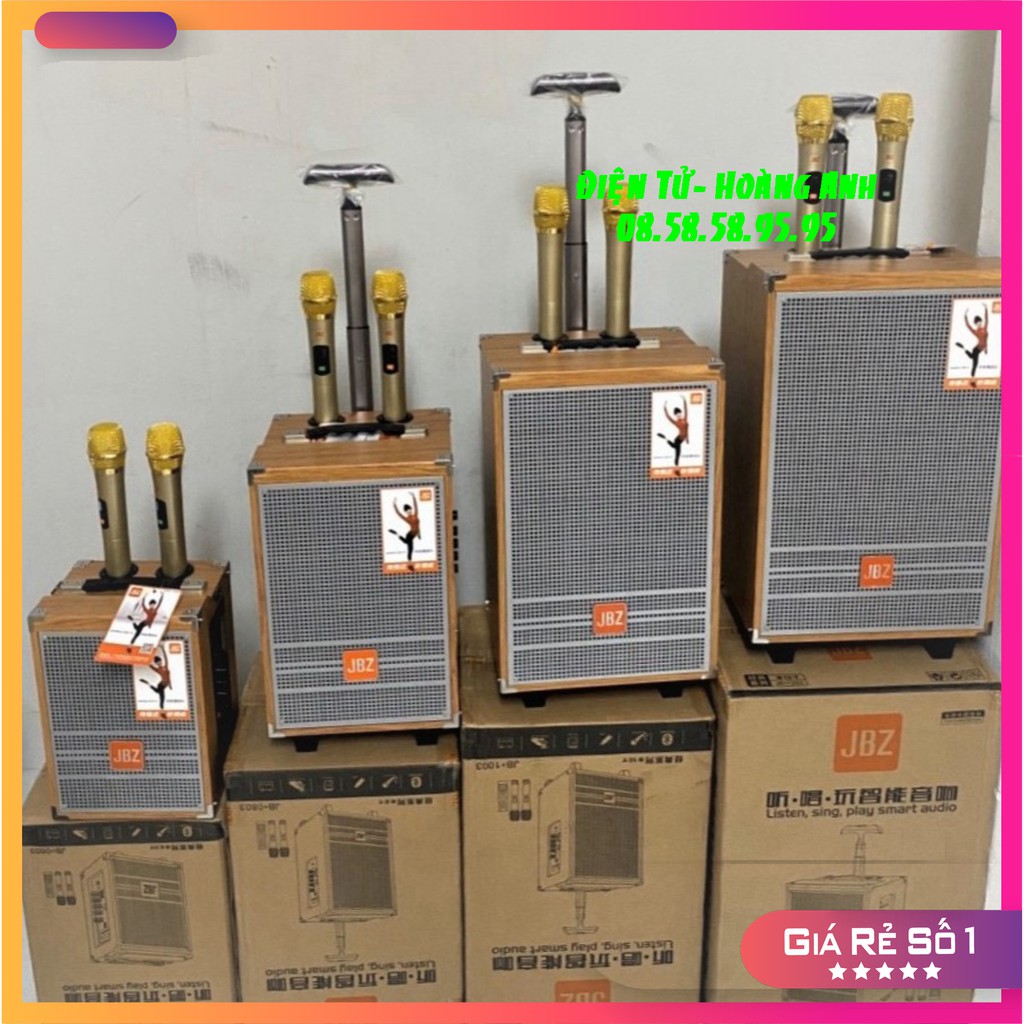 Loa kéo karaoke di động JBZ 1203 bas 3 tấc (0803-1003-0603) kèm 2 micro nhôm UHF không dây