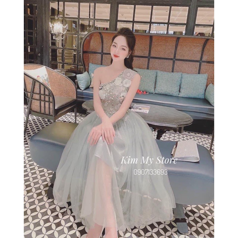 Đầm xoè lệch vai sát nách kết hoa nổi size M/Lđi tiệc đám cưới đi chơi đi du lịch MM