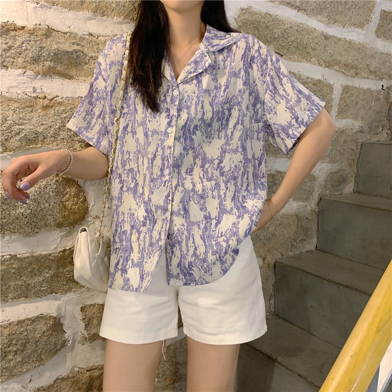 Áo Sơ Mi Tay Ngắn Dáng Rộng In Họa Tiết Hoa Phong Cách Hàn Quốc Thời Trang Mùa Hè Xinh Xắn