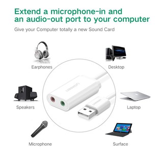 Cáp chuyển USB ra Sound UGREEN Màu trắng (jack 3.5mm Headphone và Microphone)