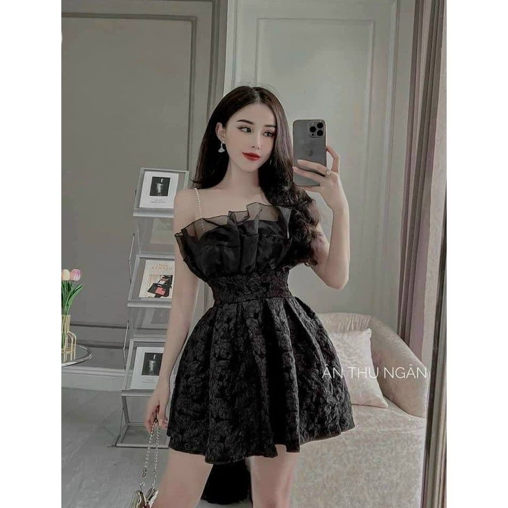 [8.8 Sales Freeship] Đầm gấm 2 dây voan bèo ngực, đầm gấm tiểu thư đi tiệc dây đính ngọc màu trắng đen sang trọng dx