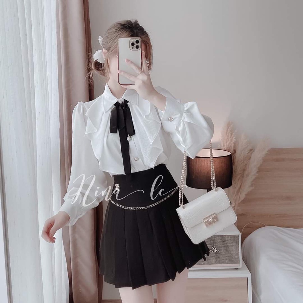 [ảnh thật-sẵn] Sơ mi trắng logo túi mix dây xanh