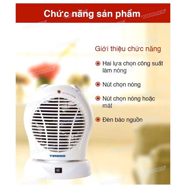 Quạt sưởi Tiross TS944 có chế độ an toàn tự ngắt khi bị đổ, 2 chiều