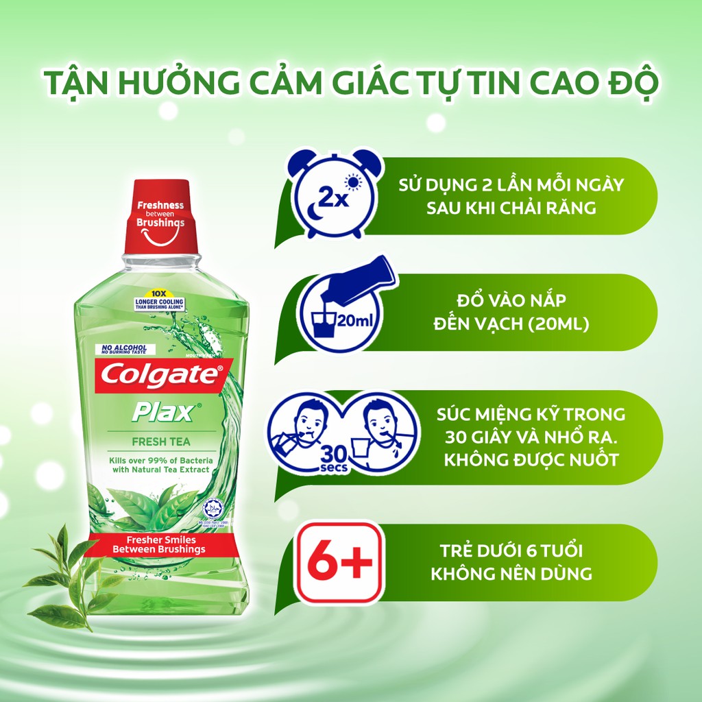 Bộ 2 chai nước súc miệng Colgate kháng 99% vi khuẩn Plax trà xanh 500ml/chai