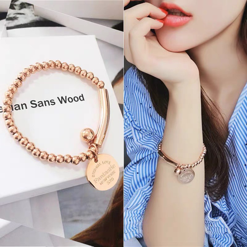 Vòng Tay Chuỗi Hạt Tròn Bằng Thép Titan Màu Vàng Hồng Thời | Dây Chuyền Mặt Tròn Khắc Chữ Tiếng Anh Co Giãn Tốt