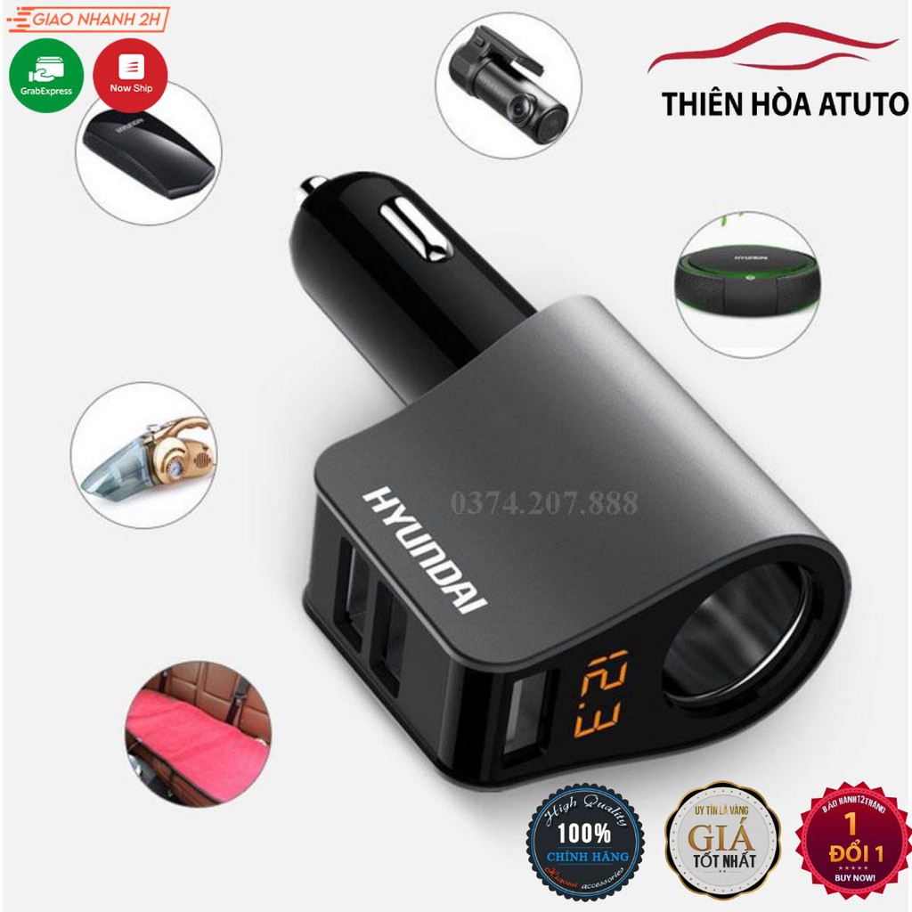 Tẩu Hỗ trợ  Sạc nhanh ⚡️HÀNG CHÍNH HÃNG⚡️ ô tô, xe hơi Hyundai 1 Tẩu Tròn và 3 USB có leb báo điện áp Huyndai