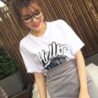 Áo thun nữ tay lỡ unisex màu trắng in chữ hello dlx