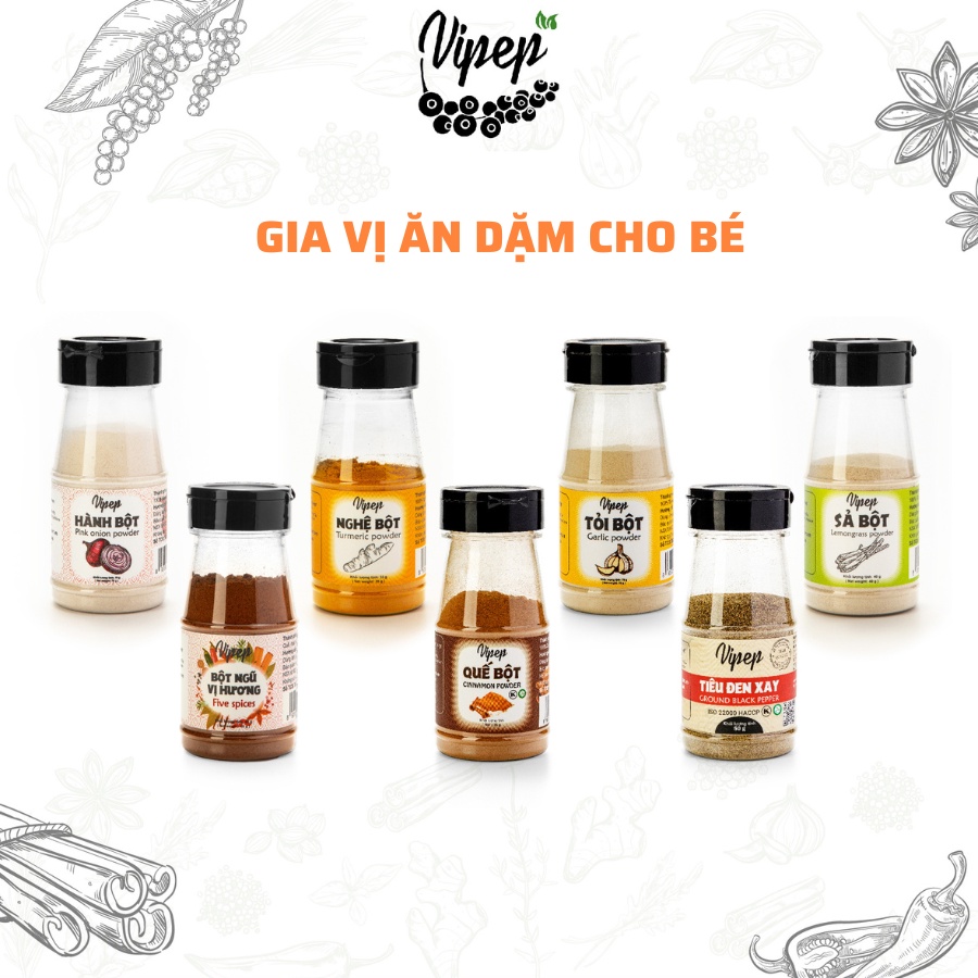 Gia Vị Ăn Dặm Vipep Hũ Nhựa (Nghệ Bột - Gừng Bột - Tiêu Đen Xay - Quế Bột - Ngũ Vị Hương - Sả Bột - Tỏi Bột - Hành Bột)