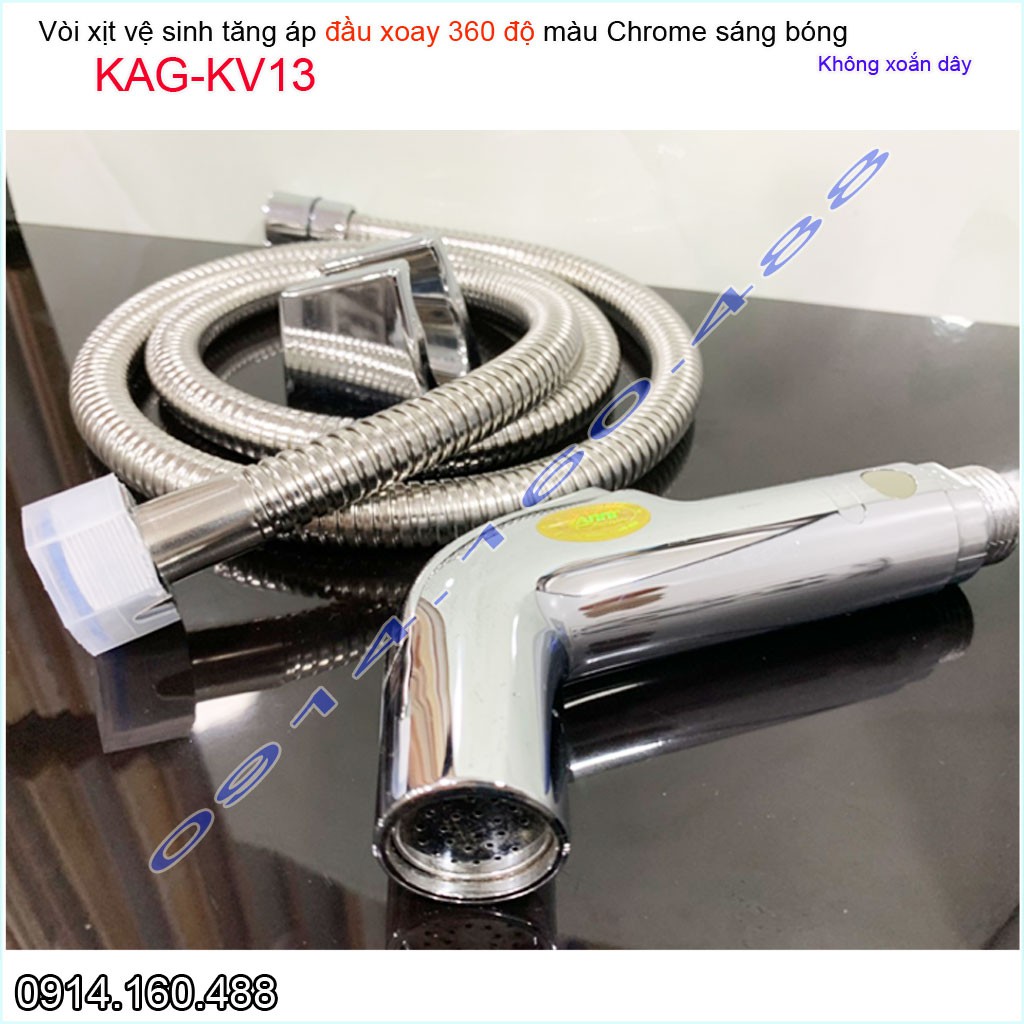 Vòi xịt vệ sinh KAG-KV13 xoay 360 độ dây không xoắn, vòi rửa ấn tay bồn cầu Crom bóng tia nước mạnh chịu áp lực