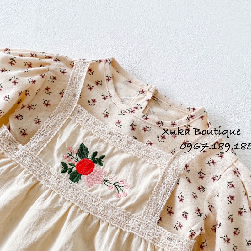 Váy Dài Tay Hoa Bé Gái - Bodysuit Giả Váy Cổ Ren Thêu Hoa Bé Gái Cao Cấp
