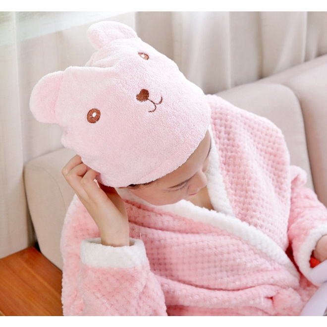 Mũ Trùm Đầu Làm Khô Tóc Sau Khi Tắm, Vải Nhung Dày Dặn, Hình Gấu Hoạt Hình Siêu Đáng Yêu