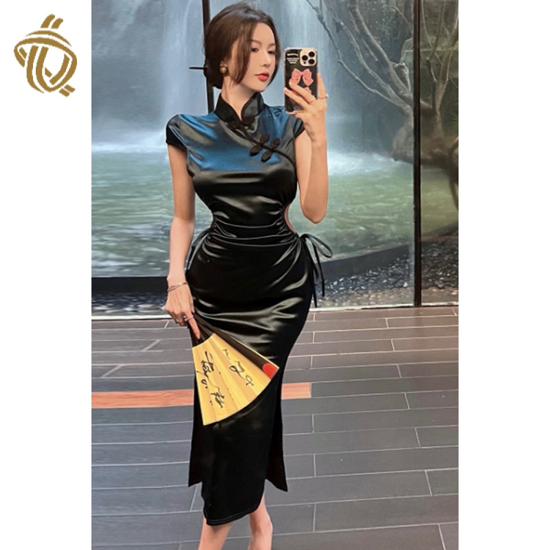Sexy hollow-out waist drawstring improved cheongsam dress feminine French temperament slimming dress