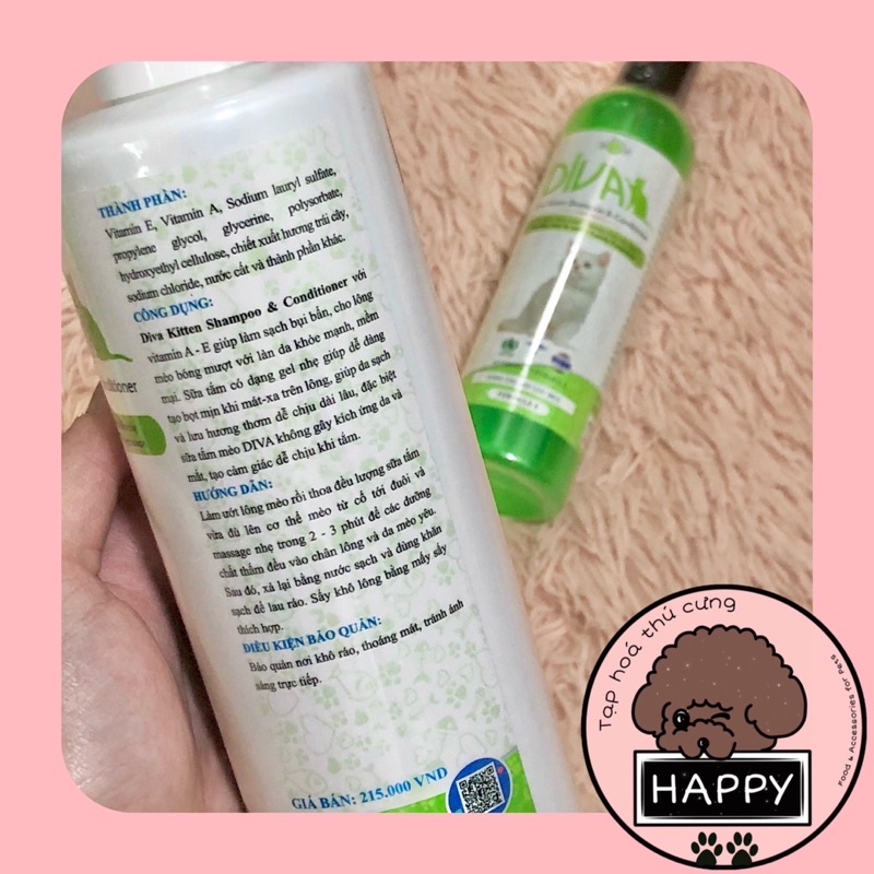 Sữa tắm Diva xanh lá mượt lông dành cho mèo 260ml và 400ml / Diva Kitten Shampoo &amp; Conditioner - Tạp Hoá Thú Cưng Happy