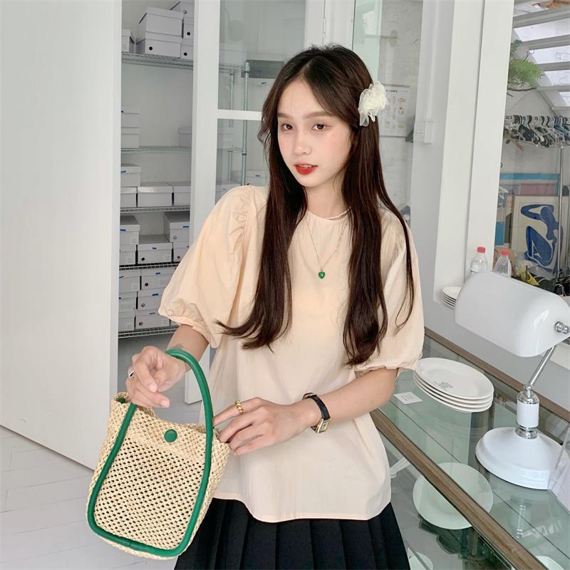 Bộ Áo Tay Phồng Thêu Họa Tiết Trái Cây + Chân Váy Dài Trung Bình Thời Trang Mùa Hè Cho Nữ