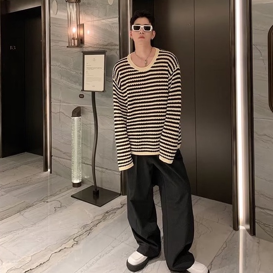 Áo Sweater Dệt Kim Tay Dài Cổ Tròn Họa Tiết Kẻ Sọc Thời Trang Mùa Thu Cho Nam