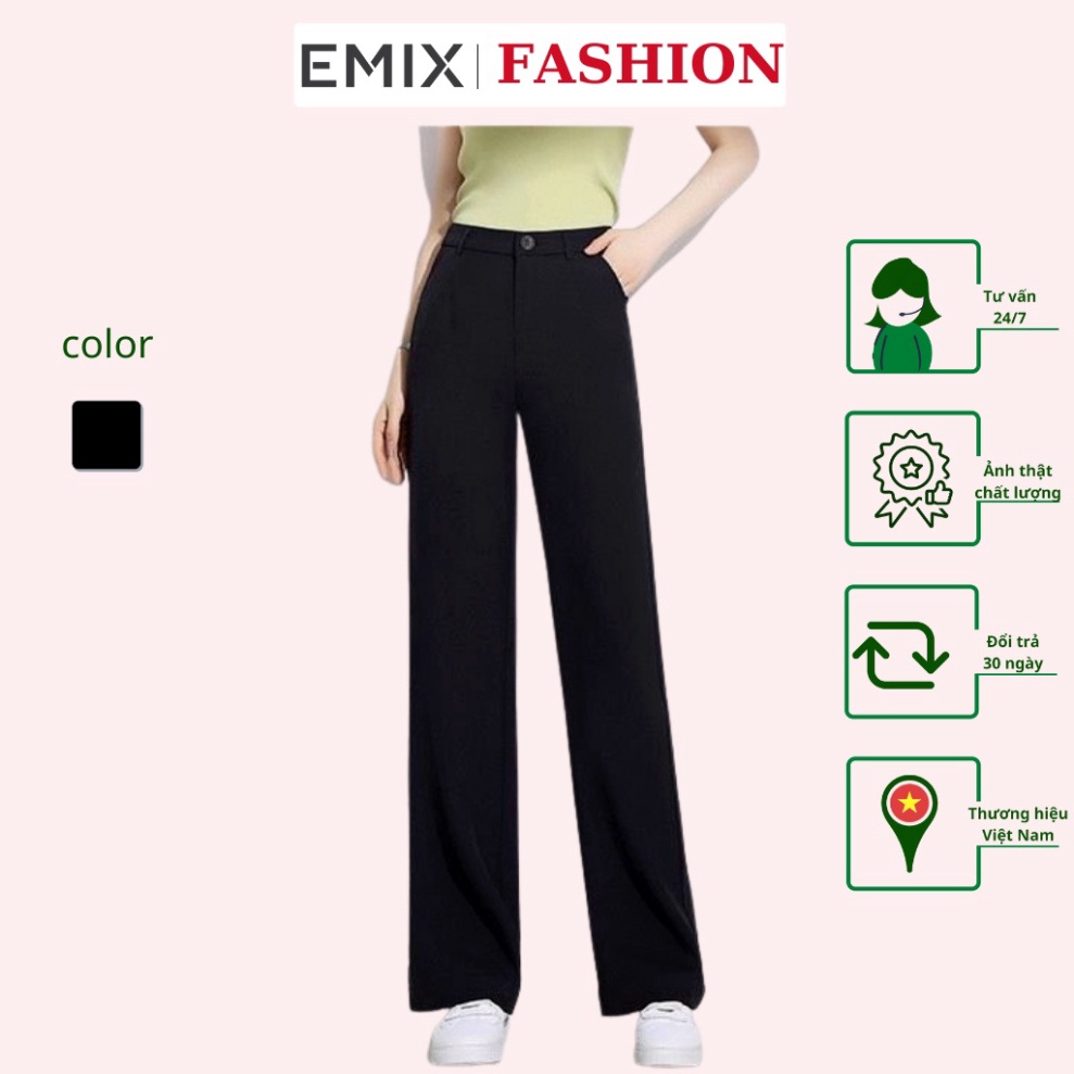 Quần tây nữ đi học ống suông EMIX (màu đen), khóa giữa, dáng dài 100cm, cạp cao, vải tuyết mưa dày dặn, mềm mại